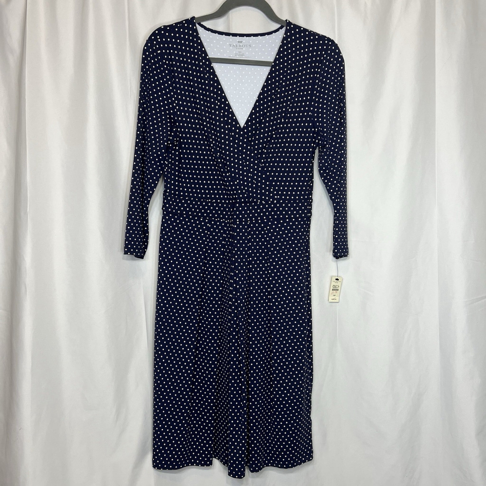 Talbots Women’s Polka Dot Stretch Knit Midi Dress V-Neck 10P Zipper Classic Navy